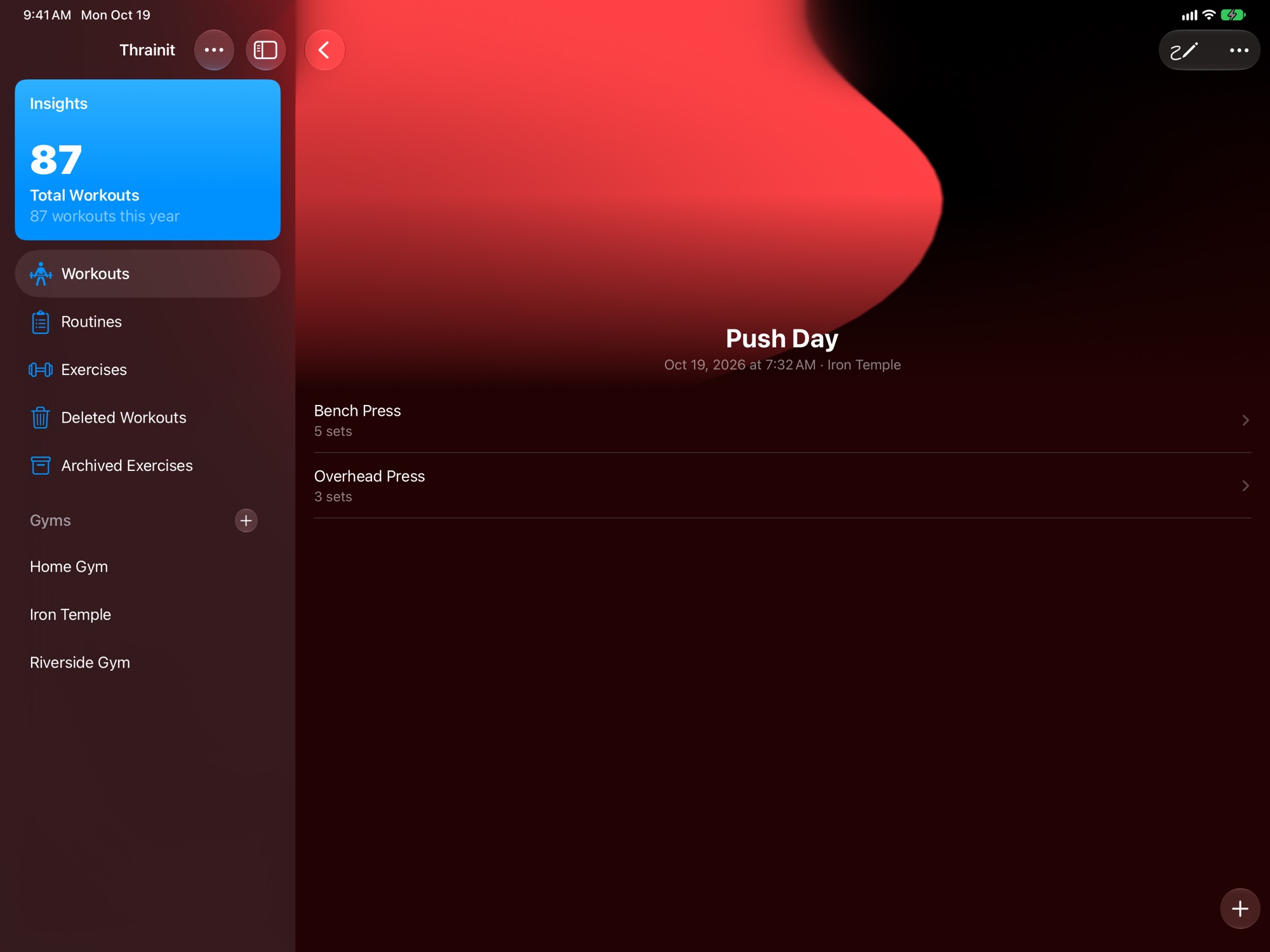 Push Day on iPad, beside a sidebar with Insights, Workouts, Routines, Exercises and three gyms.