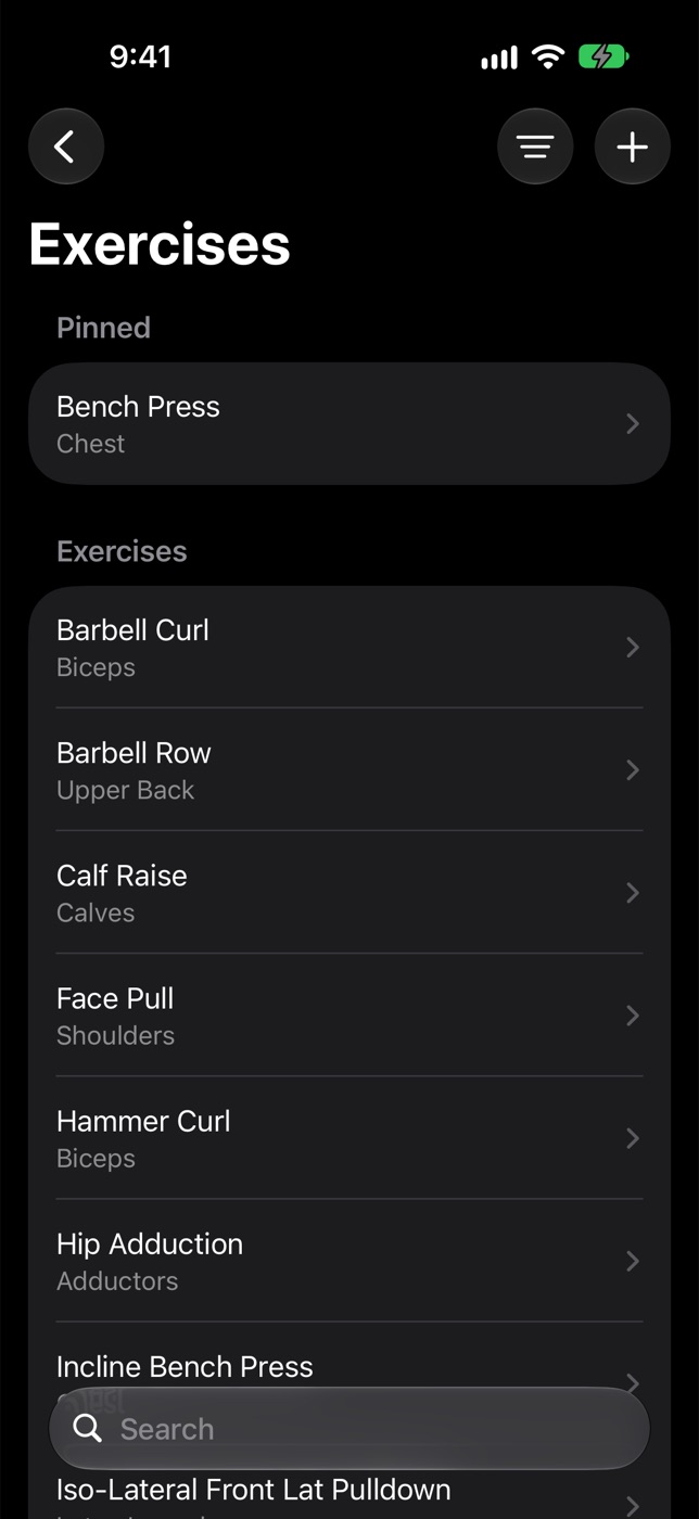 The exercise list with Bench Press pinned, and each exercise tagged with its muscle.