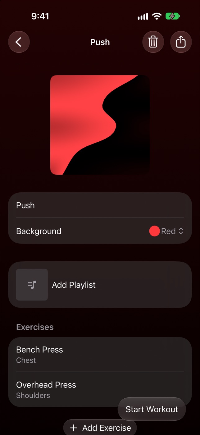 The Push routine with a red cover, a playlist row, Bench Press, Overhead Press and Start Workout.