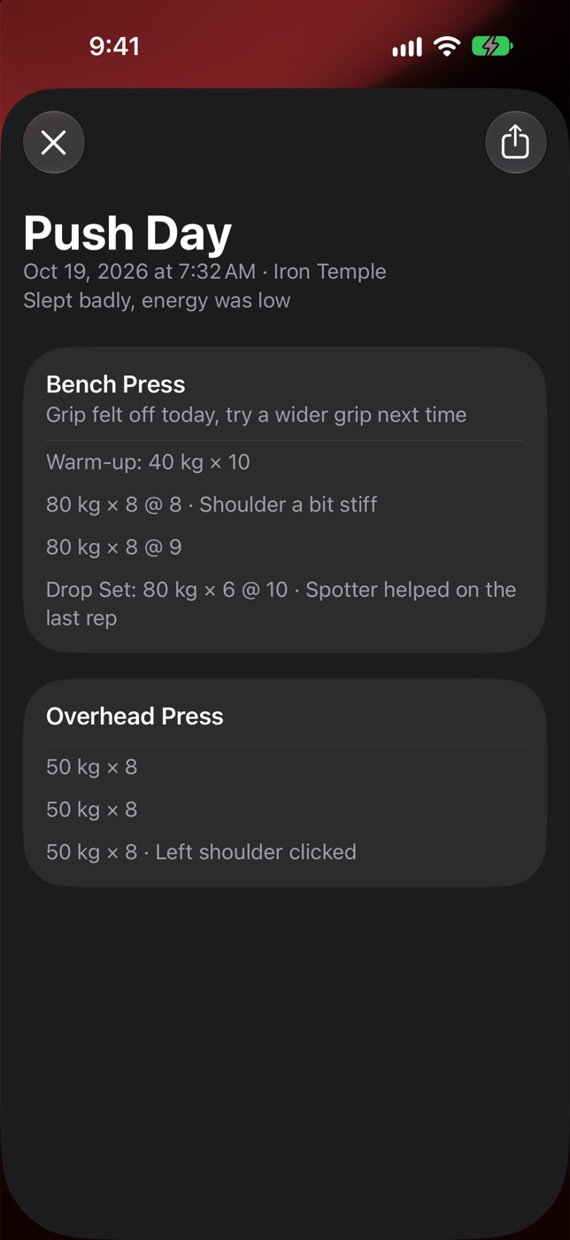 The Push Day summary, with every set, its notes and a Share button.