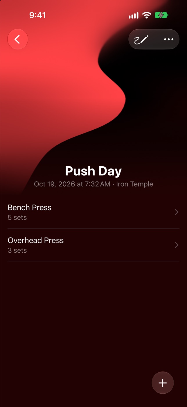 Push Day at Iron Temple with a red cover, Bench Press and Overhead Press.