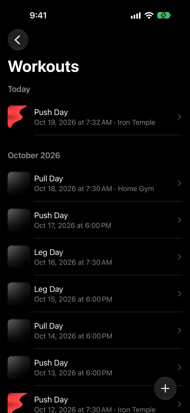 The workout list, with today’s Push Day at the top and October’s workouts below.
